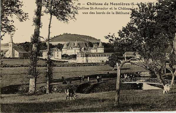 Mesnières-en-Bray (76), Le Château, le Mont Saint Amador, l'Eglise vus du bord de la Béthune